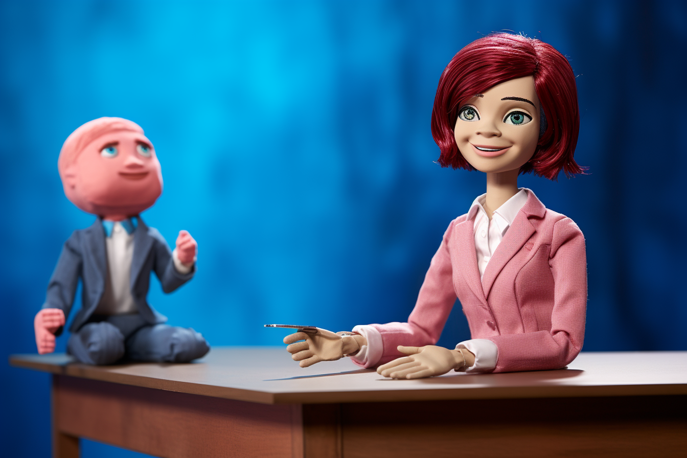 Cute puppet girl at news counter table