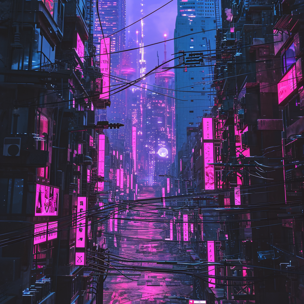 Cyberpunk cityscape with vaporwave colors