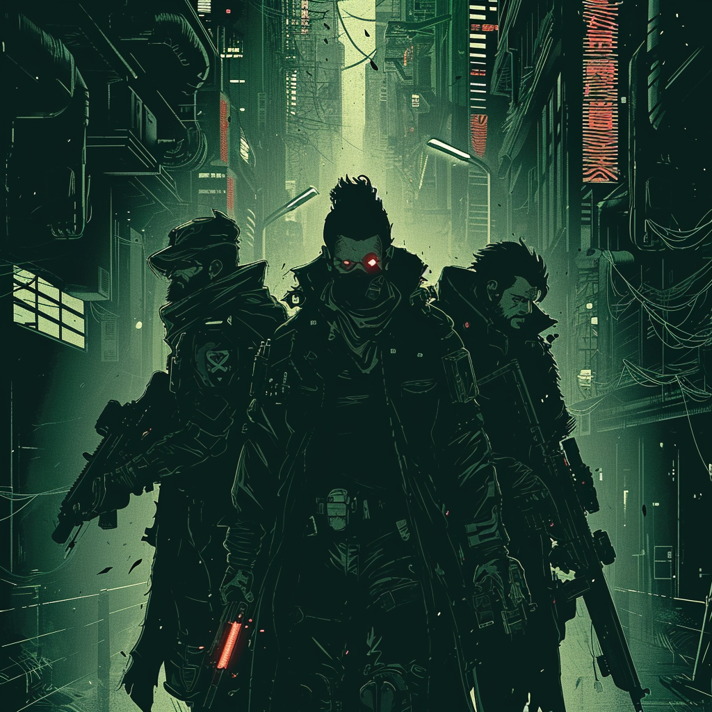 Cyberpunk crew in manga style emerging from shadows