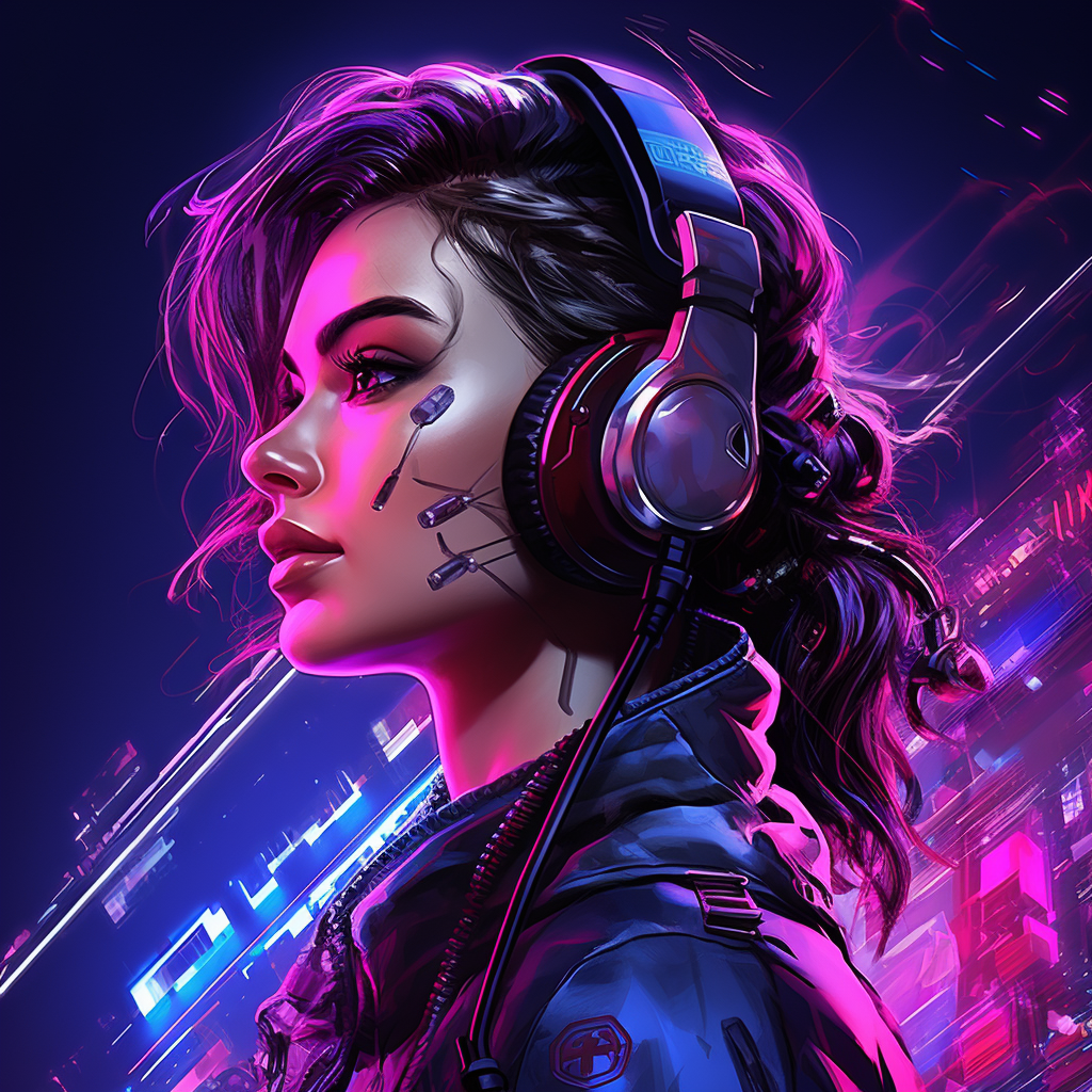 Realistic cyberpunk female gamer on neon background