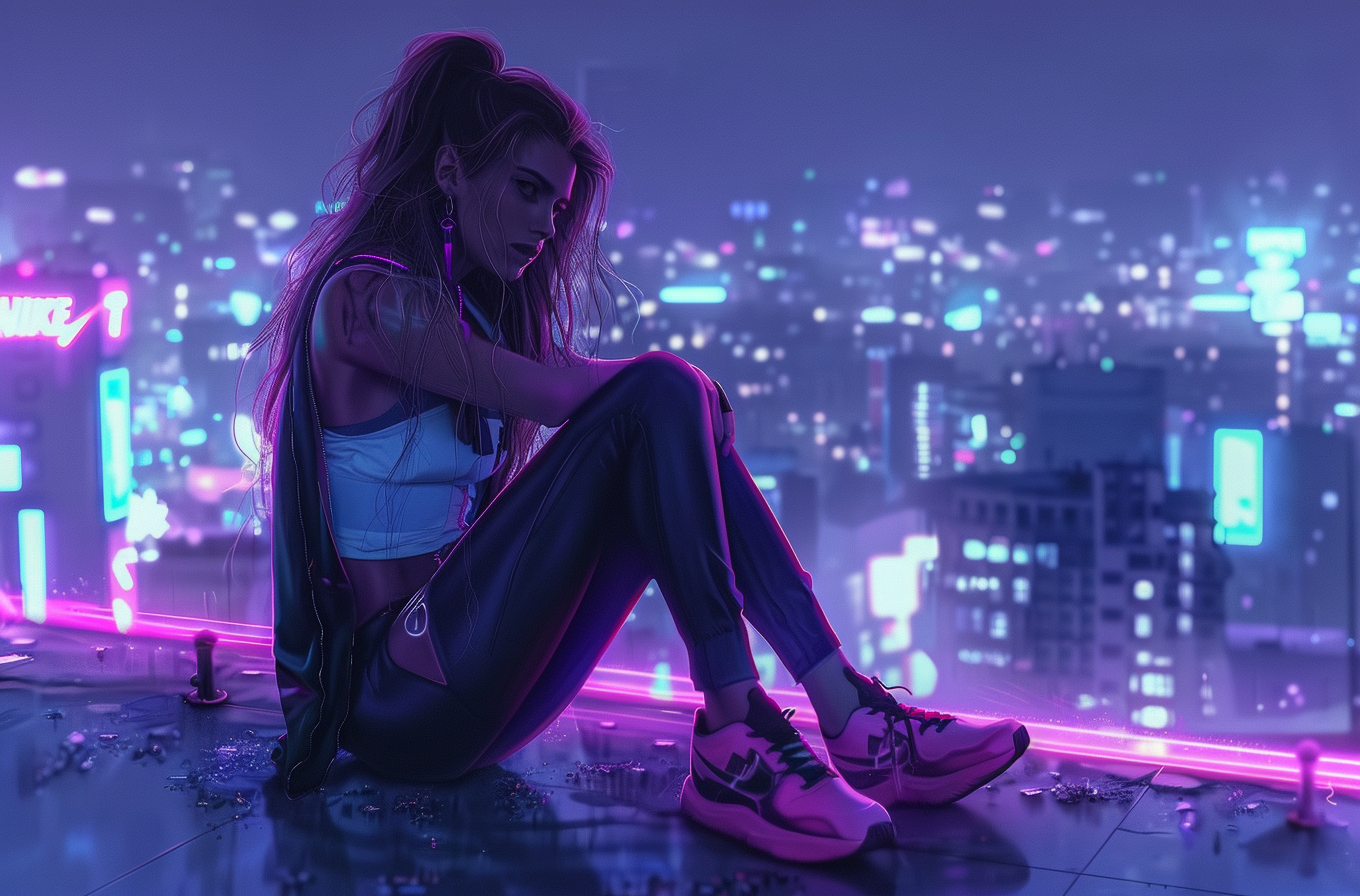 Cyberpunk girl on rooftop city lights