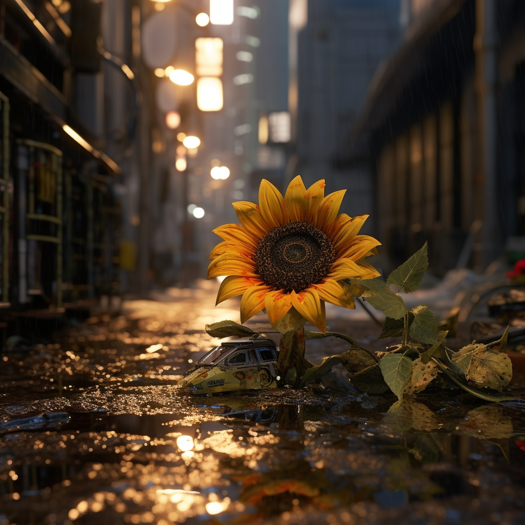 Close-up of Ultrarealistic Cyberpunk Japan Sunflower