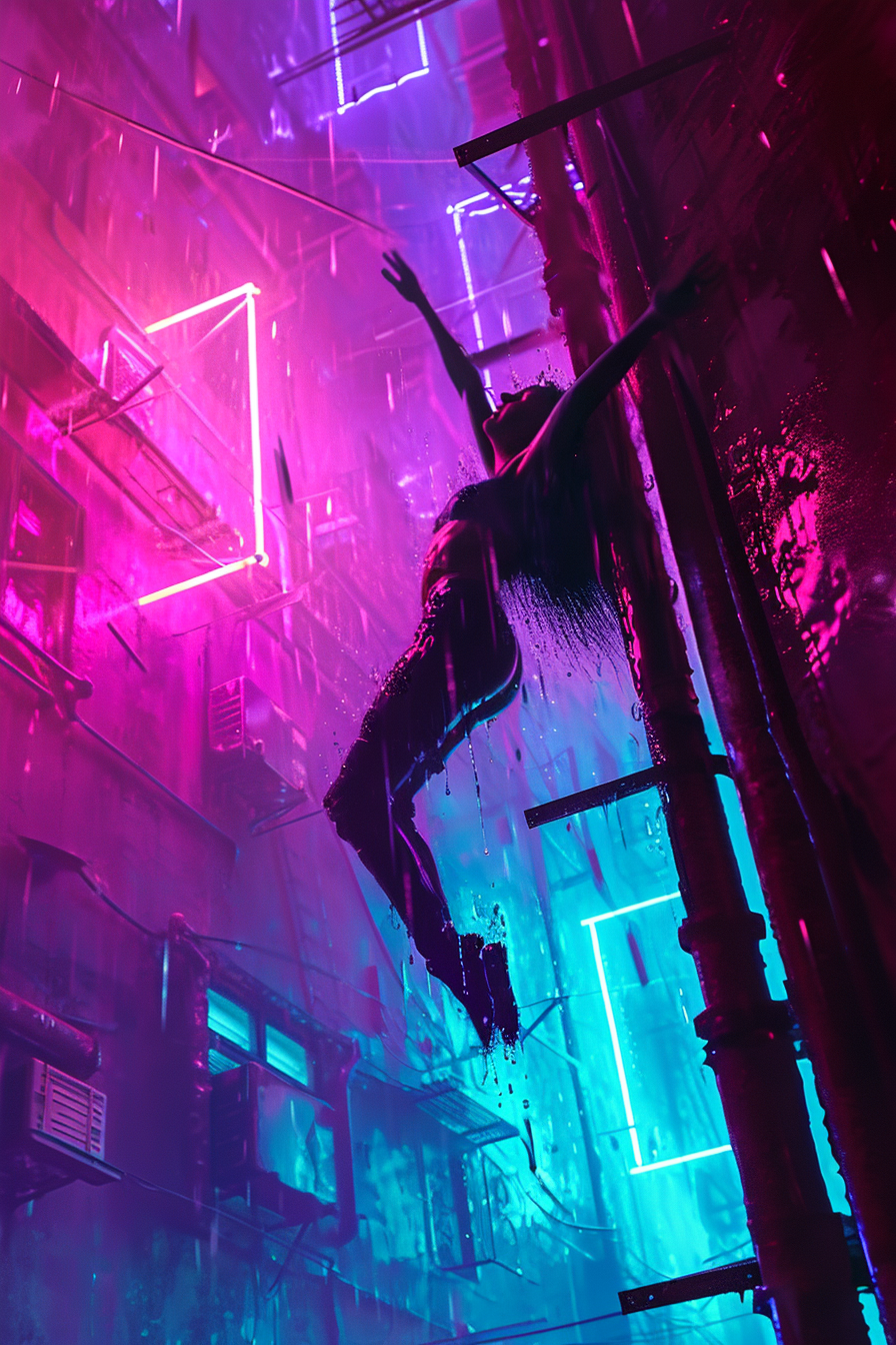 A cyberpunk woman falling from a neon building