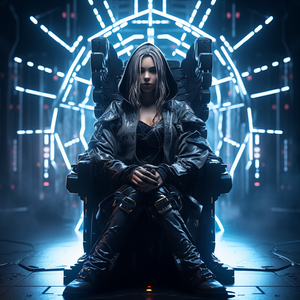 Cyberpunk bountyhunter on throne with neon lights