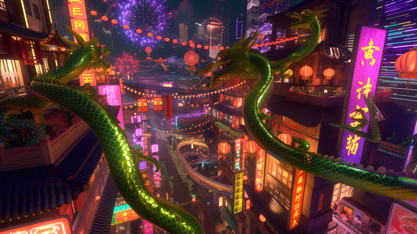 Cyberpunk City Chinese New Year Neon Dragons