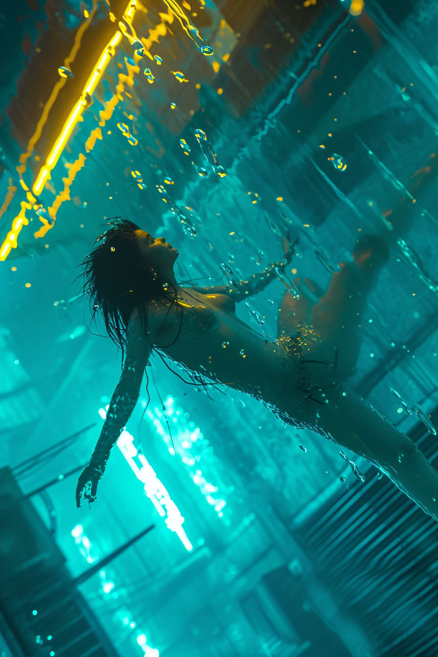 Cyberpunk woman falling from neon building