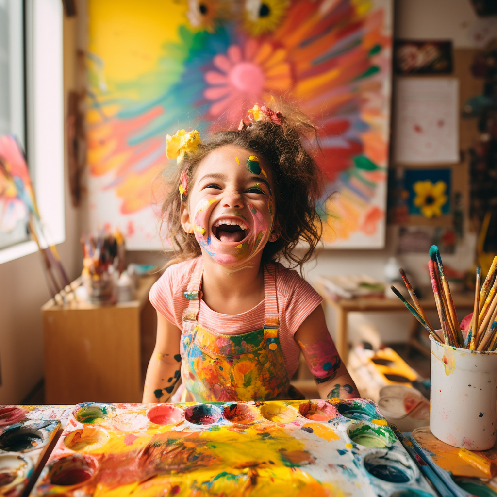 Daisy painting with enthusiasm and creating comedy with paint splatters