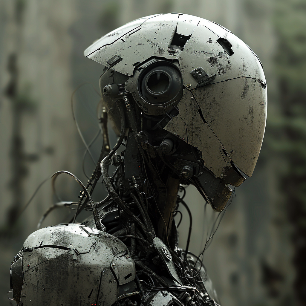 Damaged android in post-apocalyptic environment