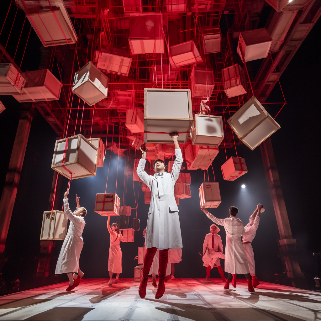 Dancers and aerialists performing with boxes