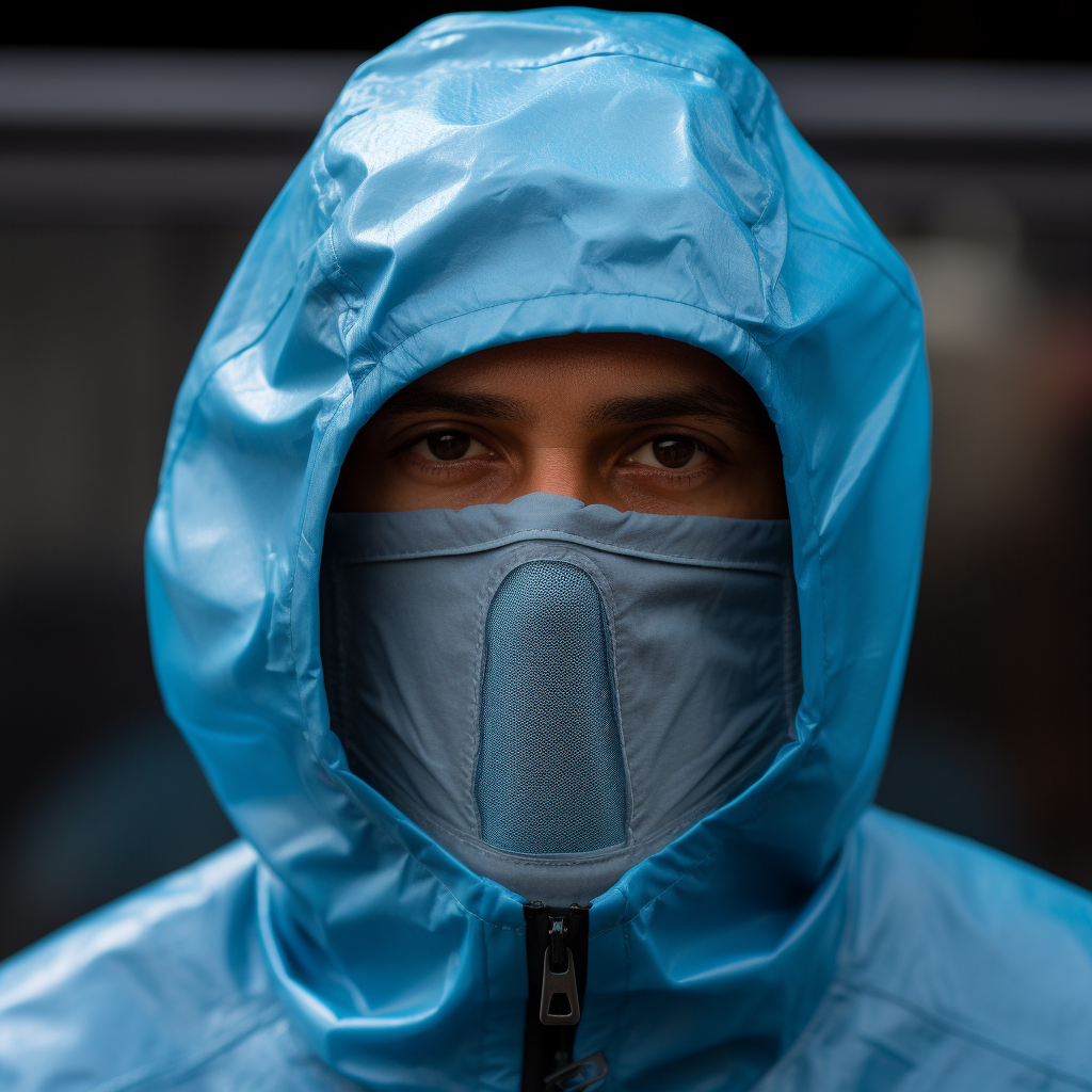 Person wearing dark blue hooded gas mask