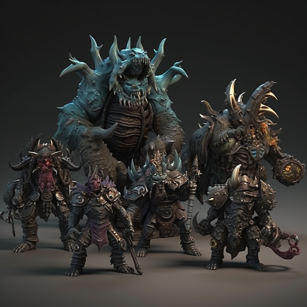 Dark fantasy miniatures enemies in 3D render