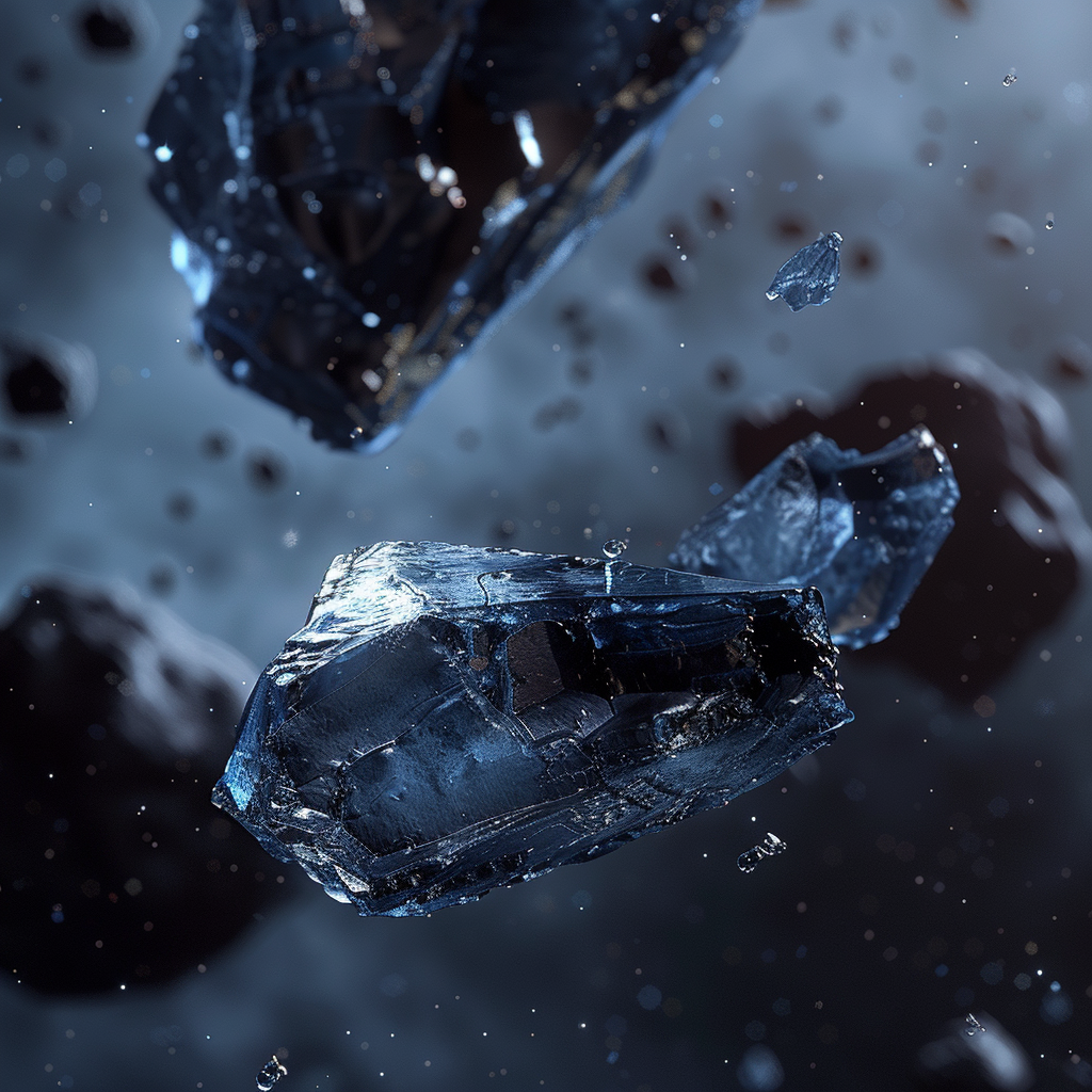 Dark asteroids floating blue ice