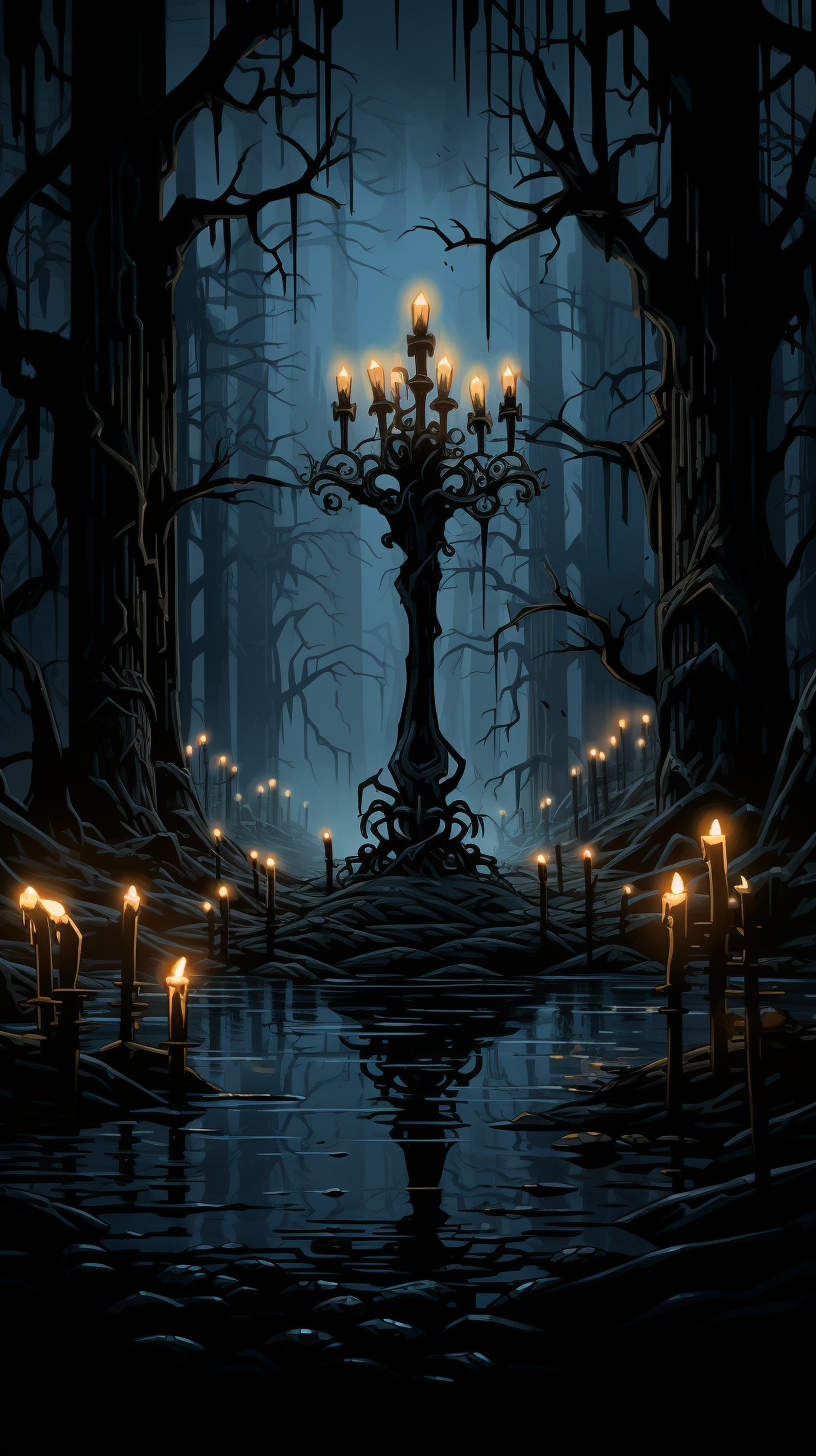 Mysterious forest with floating candelabras