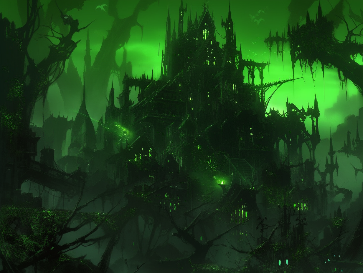 Dark Gothic City with Toxic Green Crystal