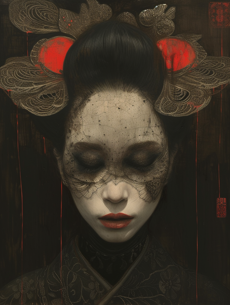 Beksinski style portrait of occult android geisha