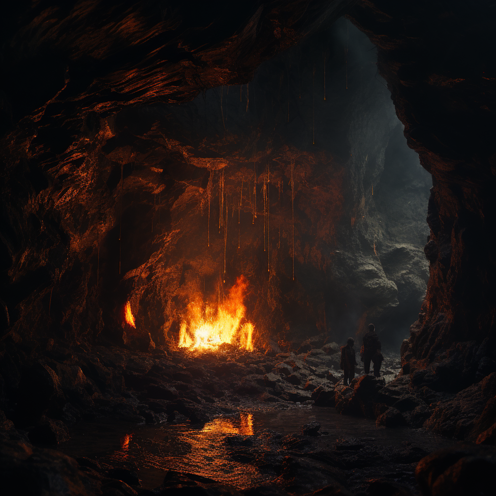 Fire burning in small dark cave