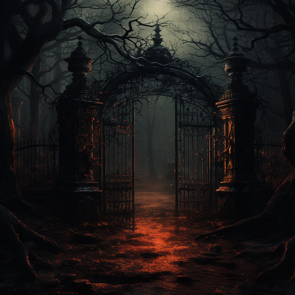 Eerie atmosphere of dark spooky old gate