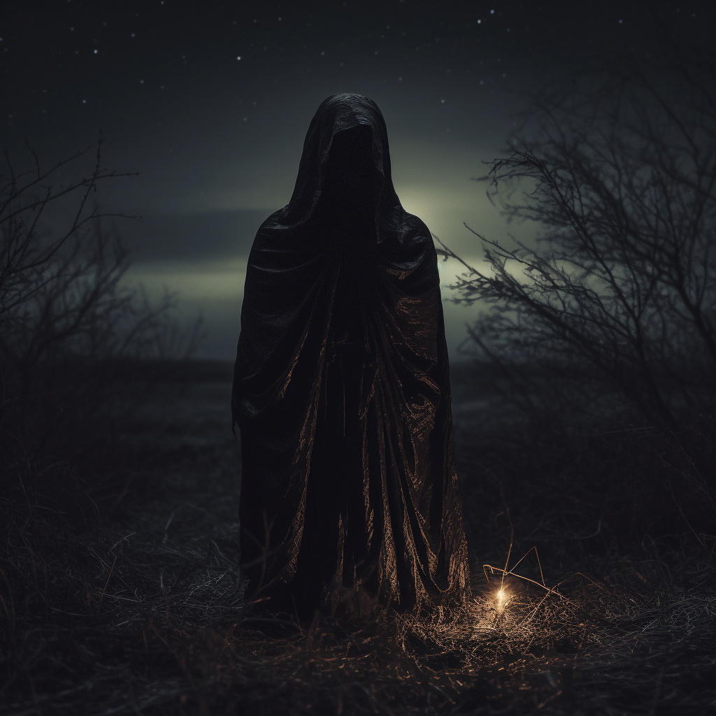 Mysterious hooded figure in dark landscape at night