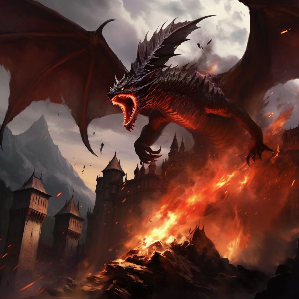 Fearsome dragon breathing fire on castle