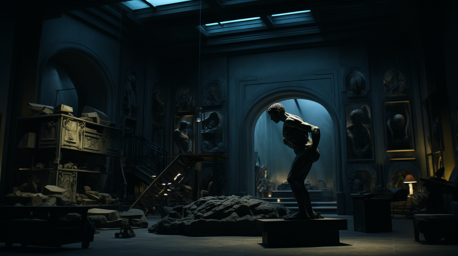 Dark sci-fi room with Michelangelo's Adam sculpture