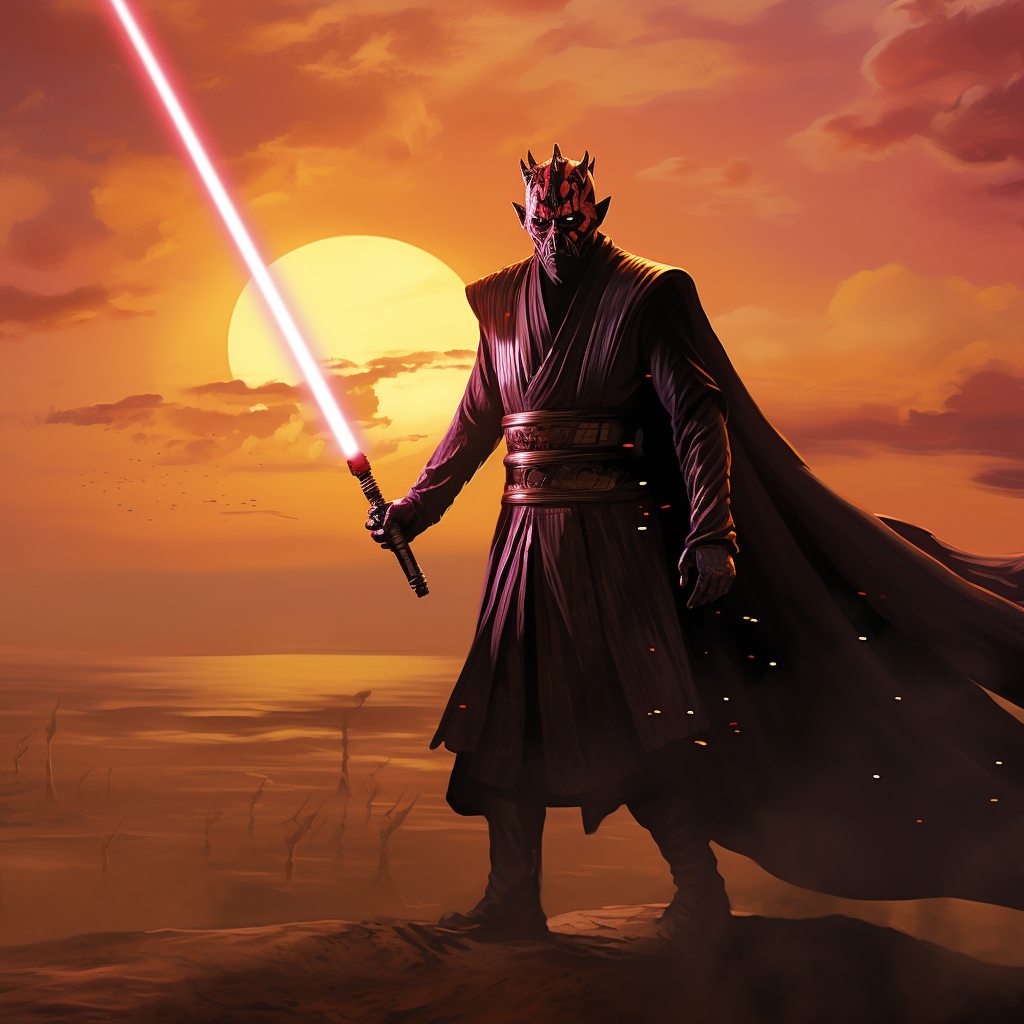 Darth Maul with purple skin fighting a storm trooper