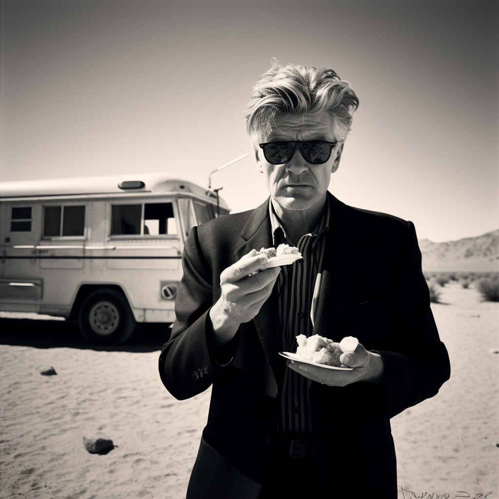 David Lynch enjoying cheeseburger in the desert