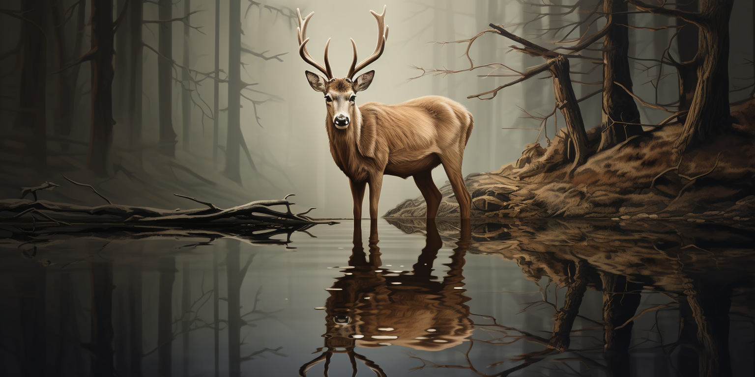 Deer drinking water with reflection in serene nature