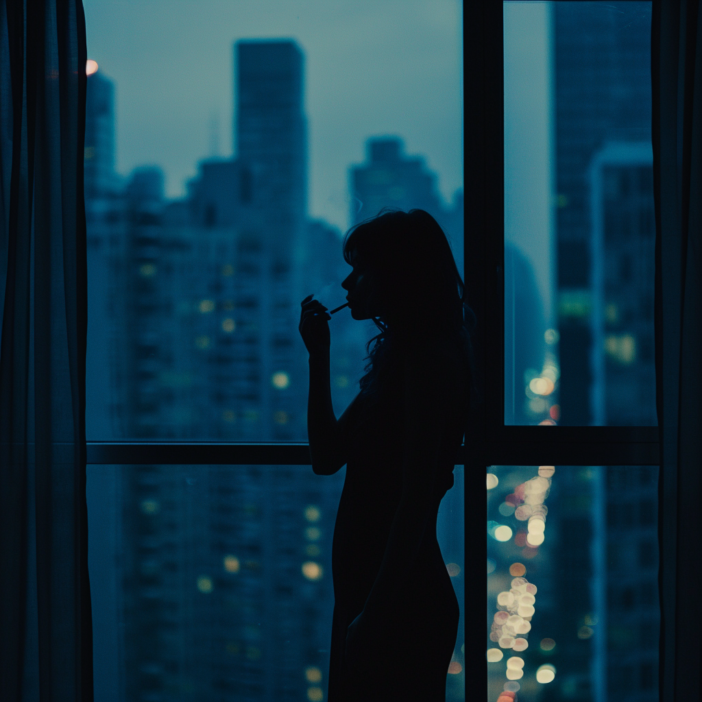 Depressed woman smoking behind curtain in building at night