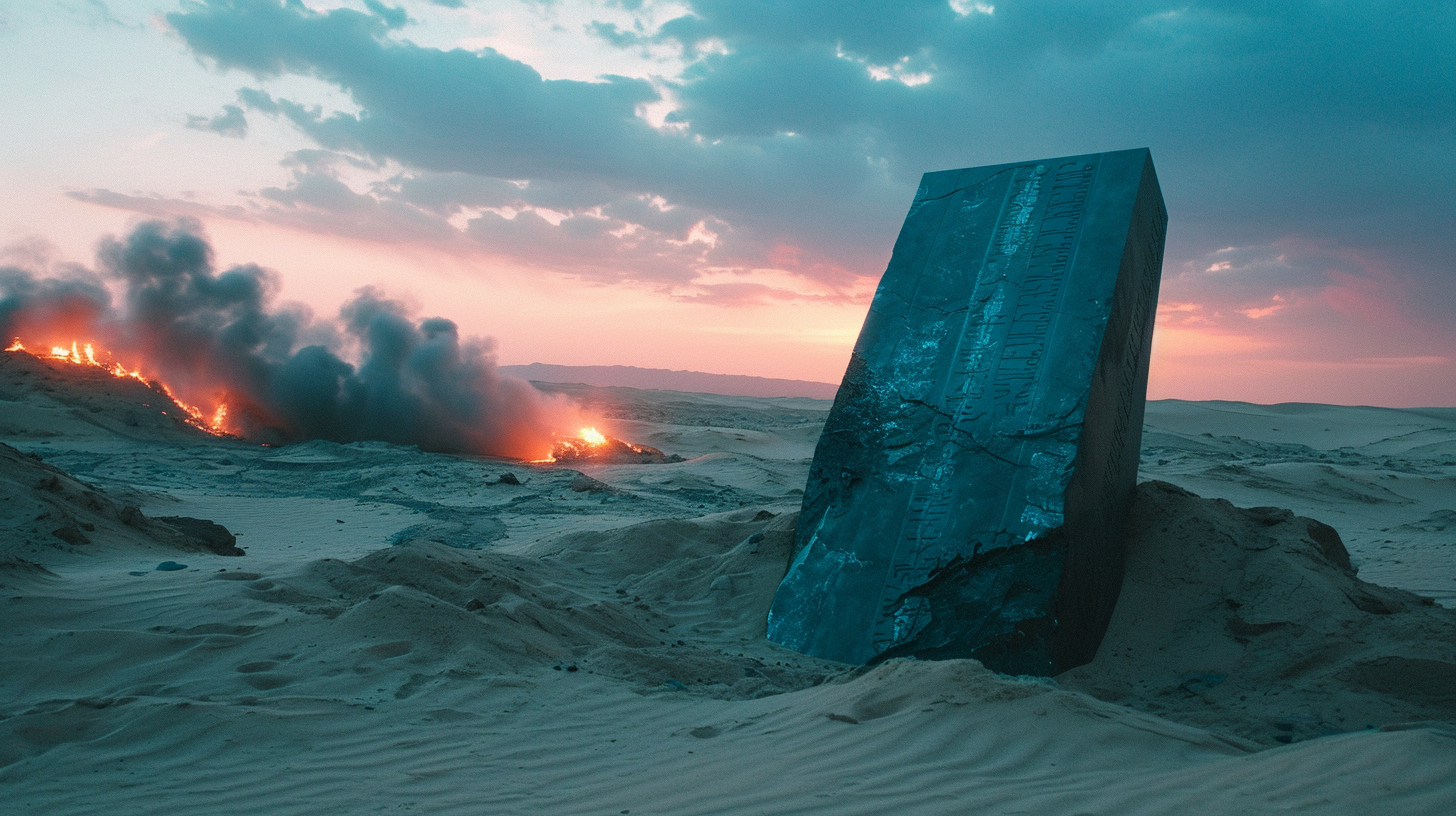 Cyan Monolith in Desert with Glowing Inscriptions