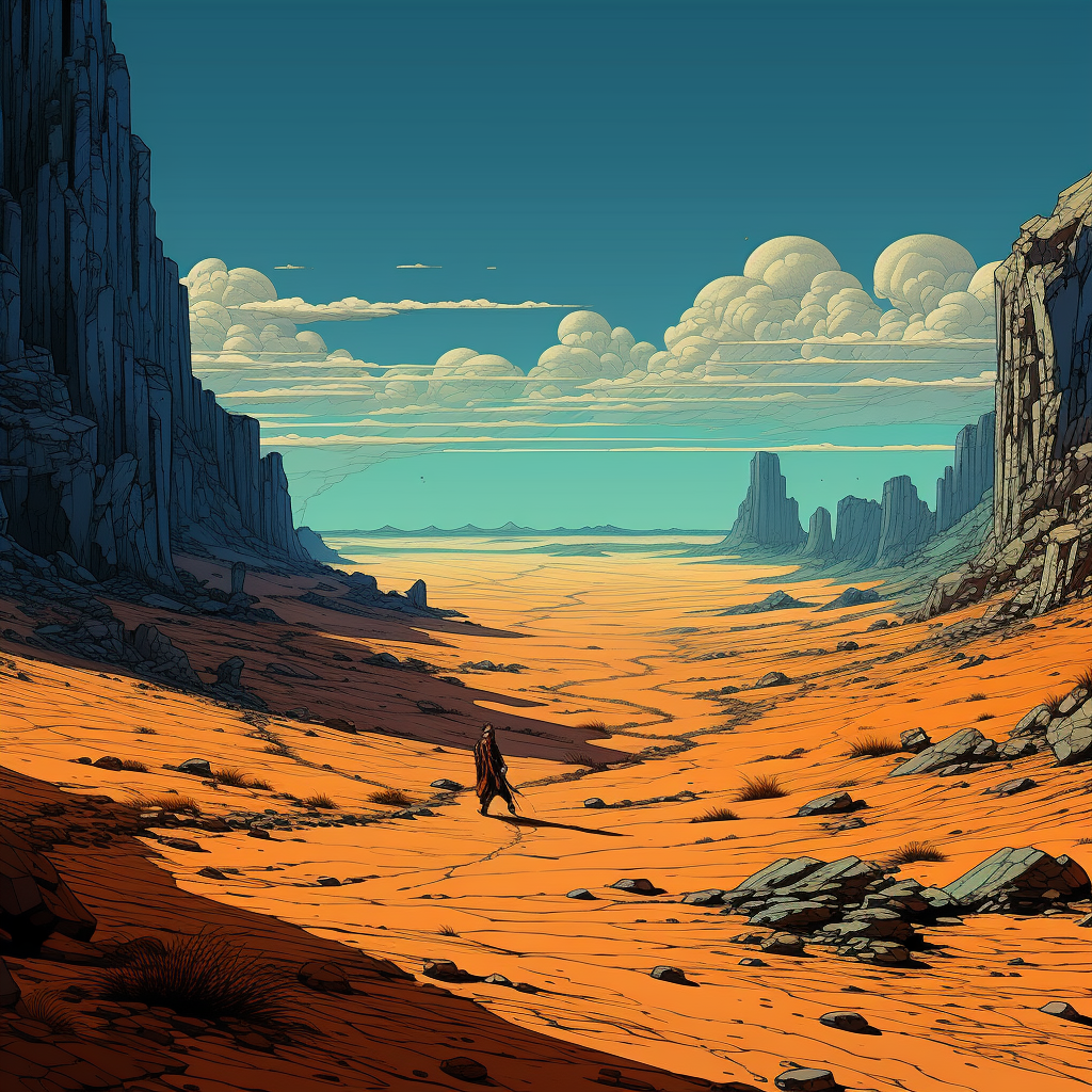 Desert landscape with Moebius-style elements