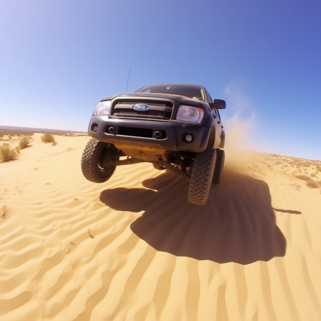 Black Ford Ranger Supercab Edge jumping a dune