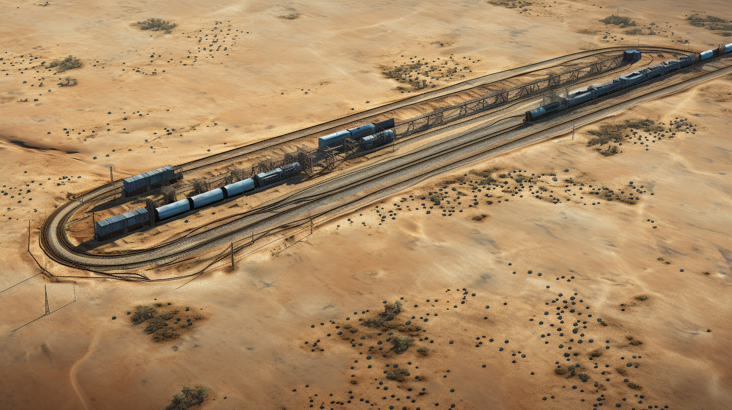 Train crossing railroad in desert