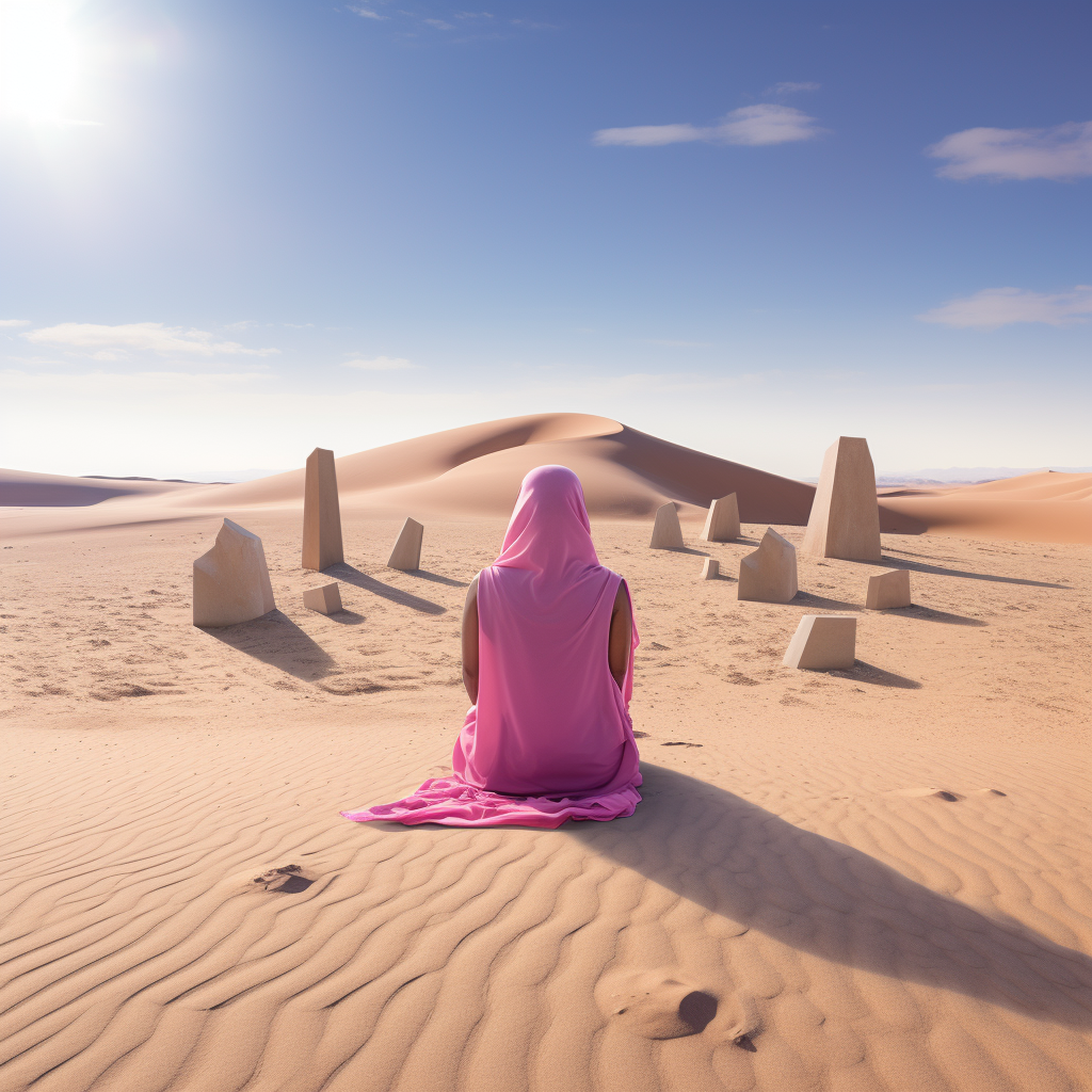 Woman in Pink Tunic kneeling in Desert