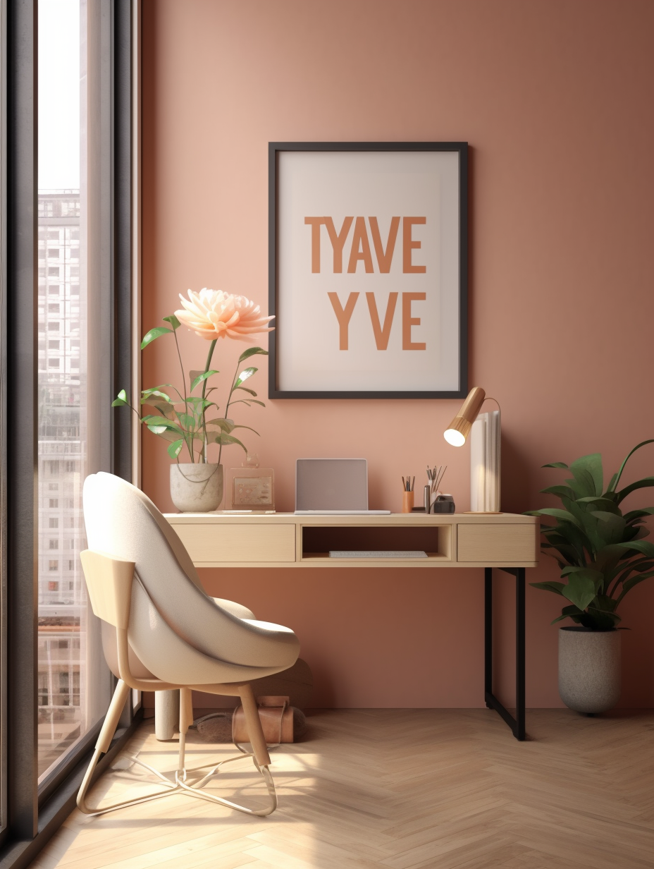 Serene desk with flower in bold lettering