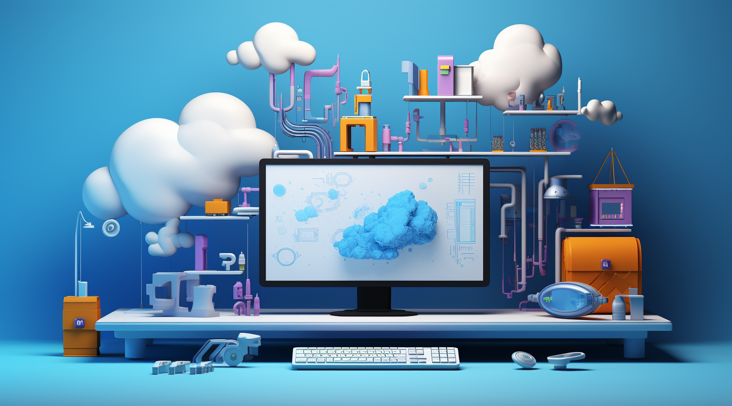 Illustration of Desktop Computer with Clouds