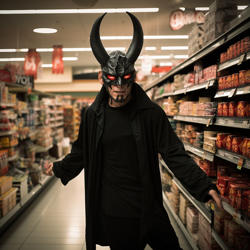 Devil in Grocery Store wearing boxy Black T-shirt