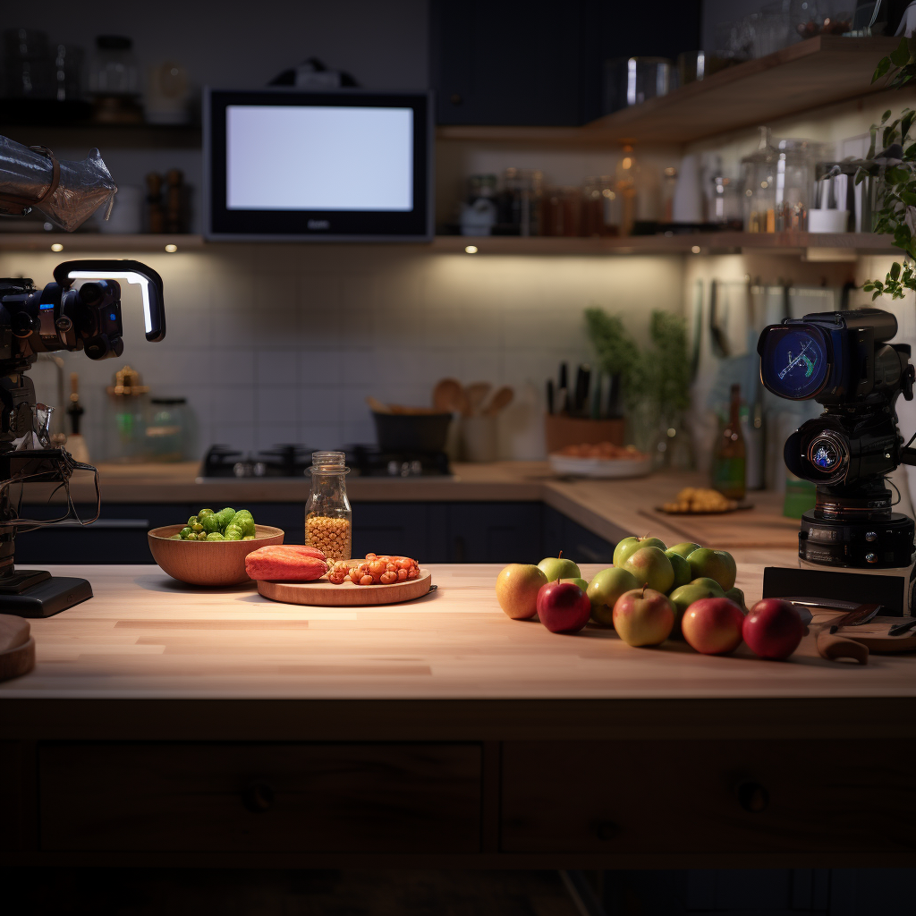 Empty product placement in dimmed lit kitchen