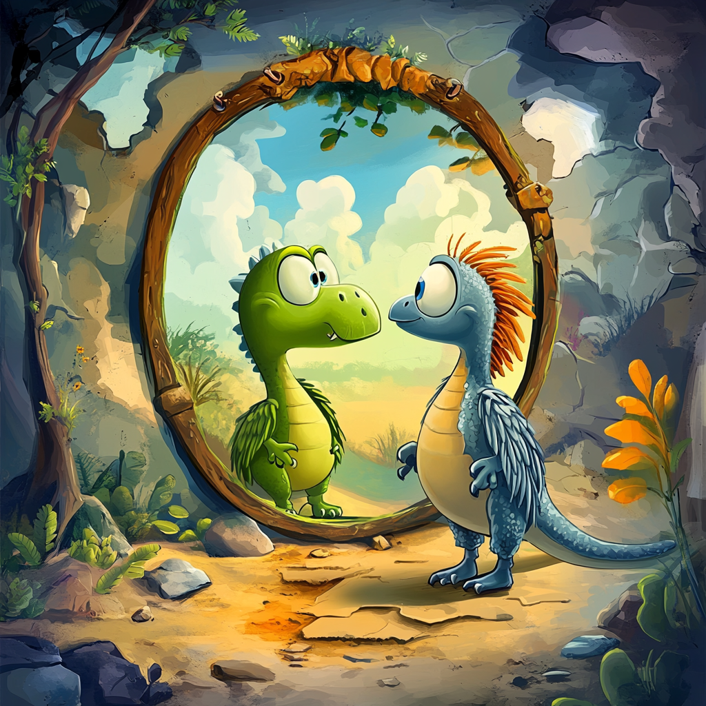 Dinosaur surprised looking into mirror