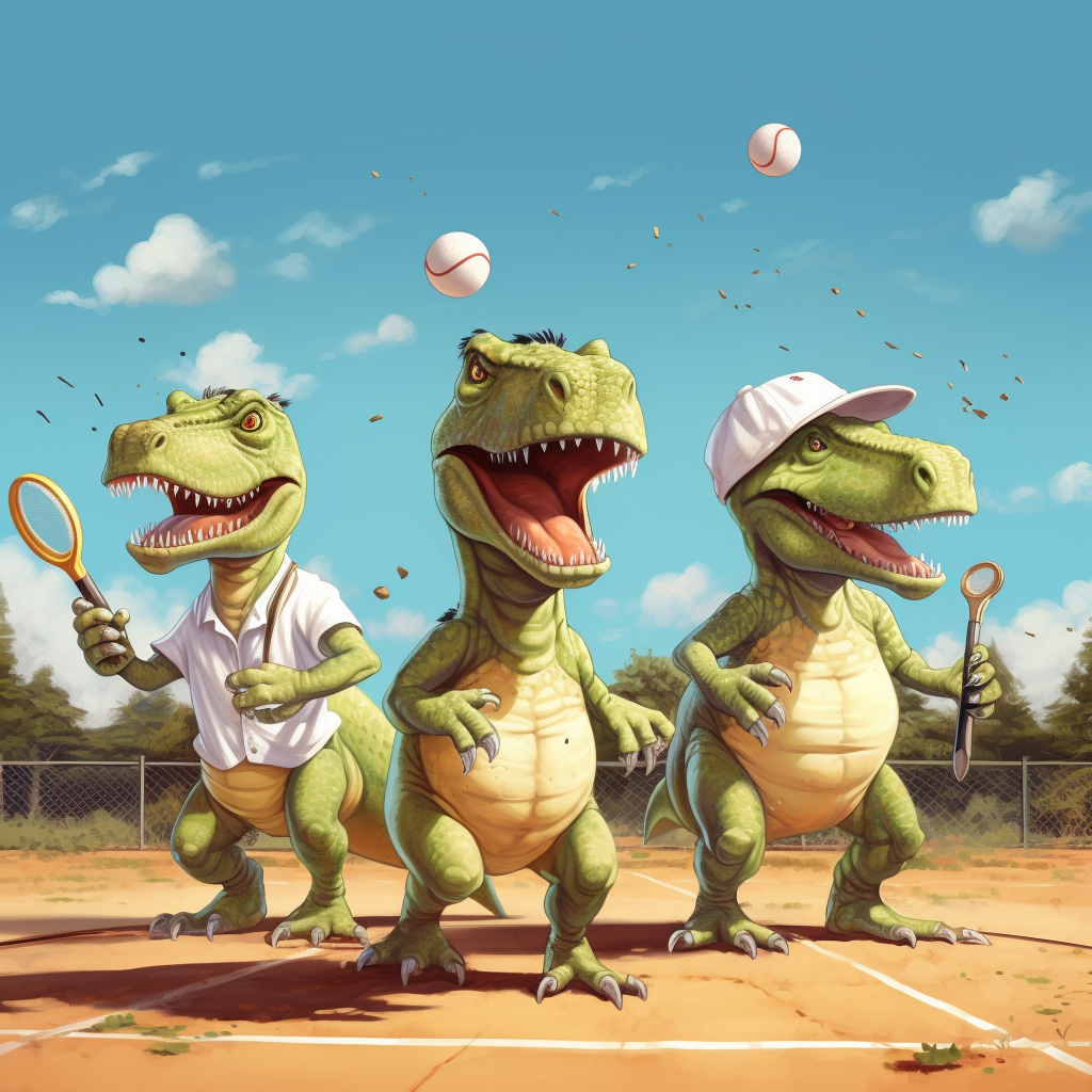 Dinosaurs playing pickle ball game