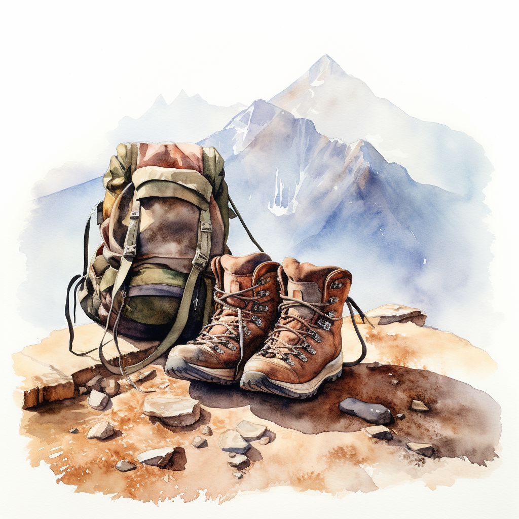 Two pairs of dirty hiking shoes and haversack in front of mountains