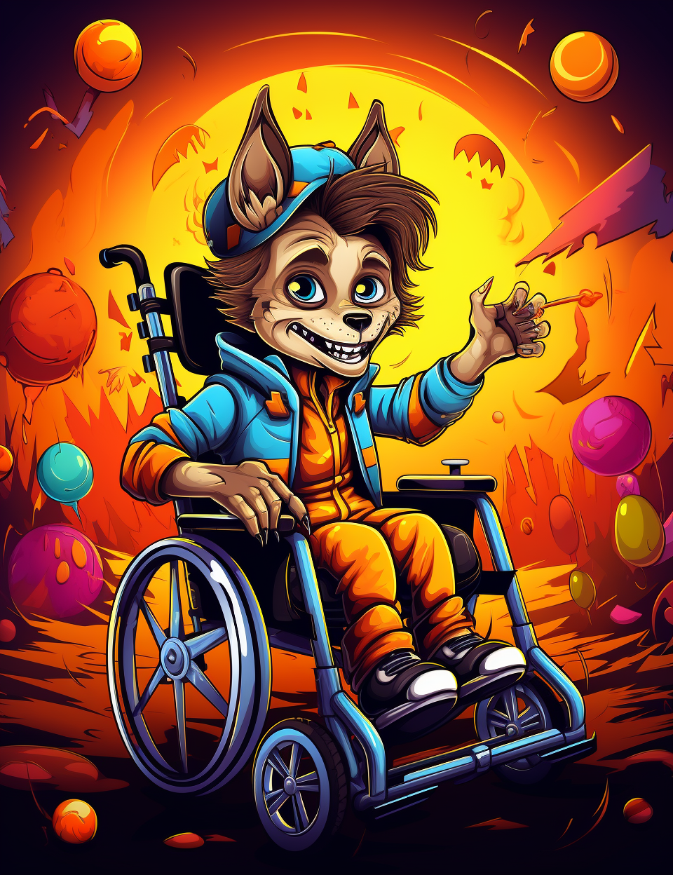 Cute disabled werewolf in Halloween wheelchair