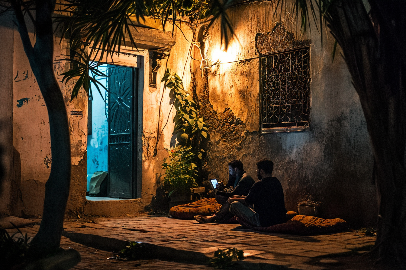 Two men discussing on red Moroccan cushions