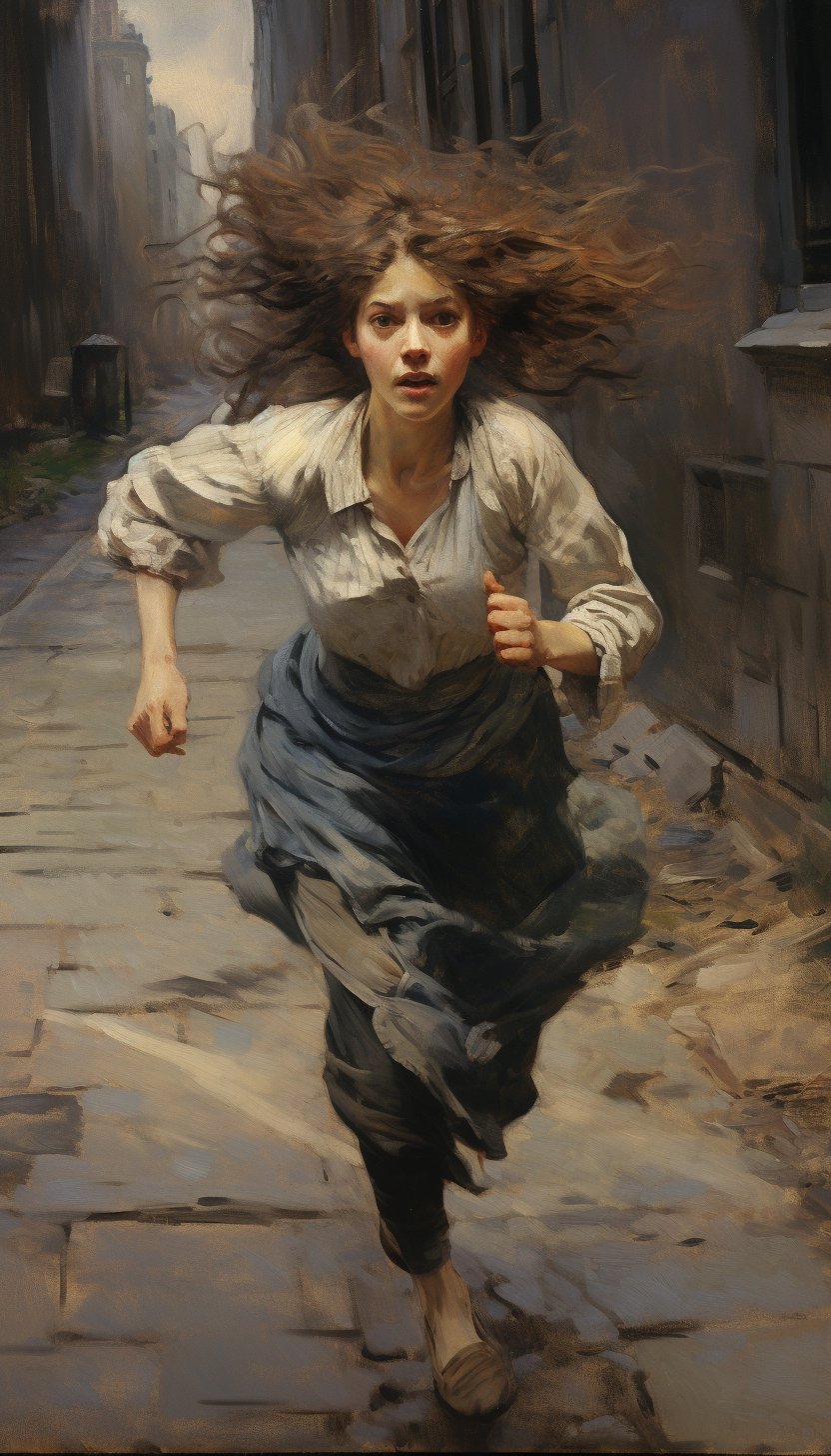 Disheveled woman running on pavement