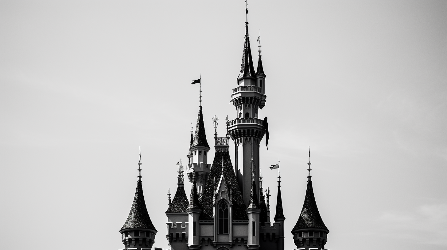 Close up of Disney Castle in black and white