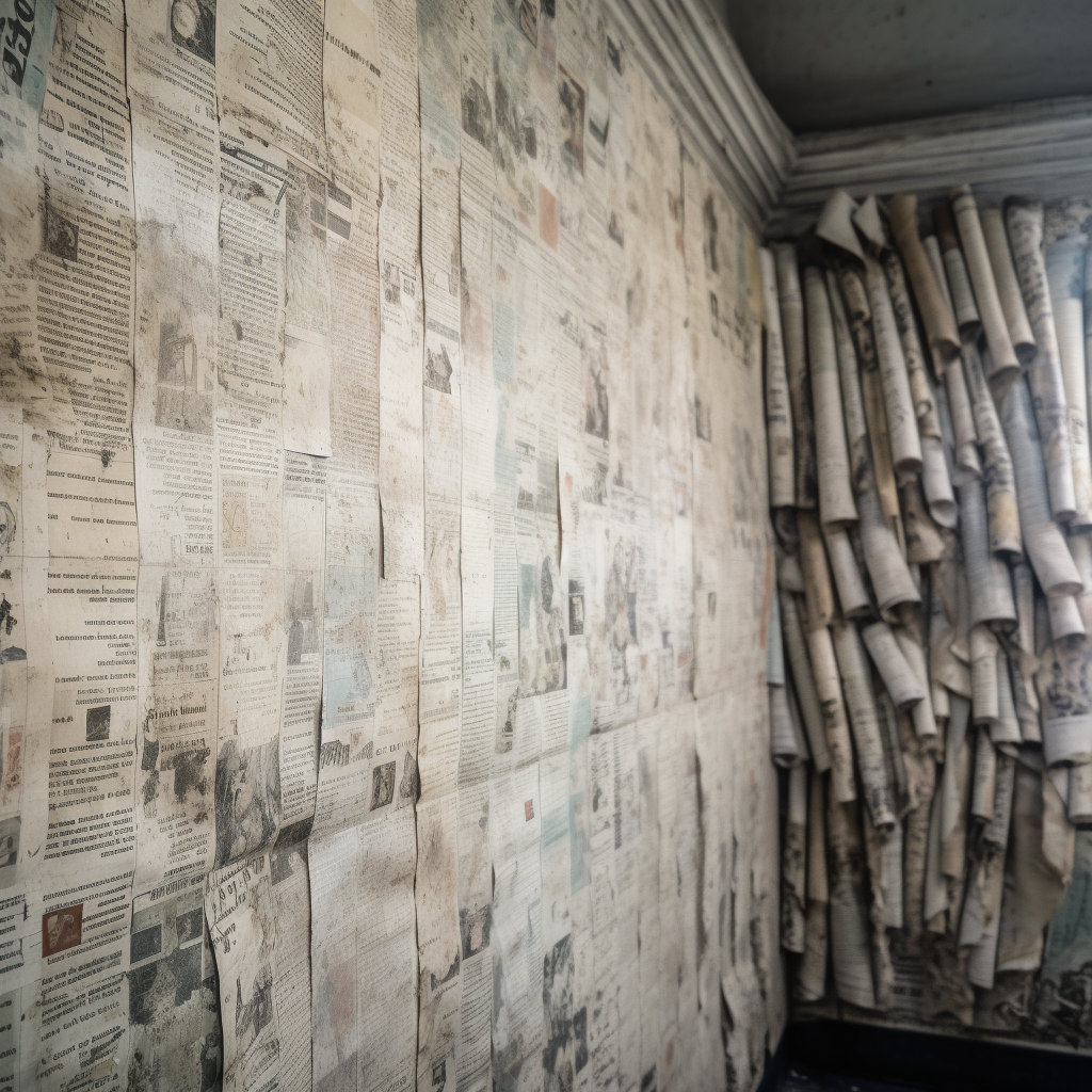 Distressed wall covered with newspaper pages