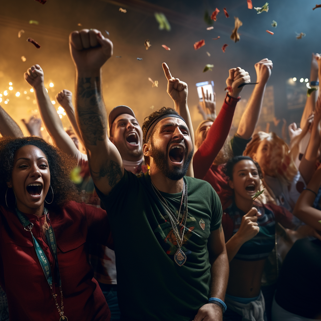 Diverse fans celebrating thrilling soccer match