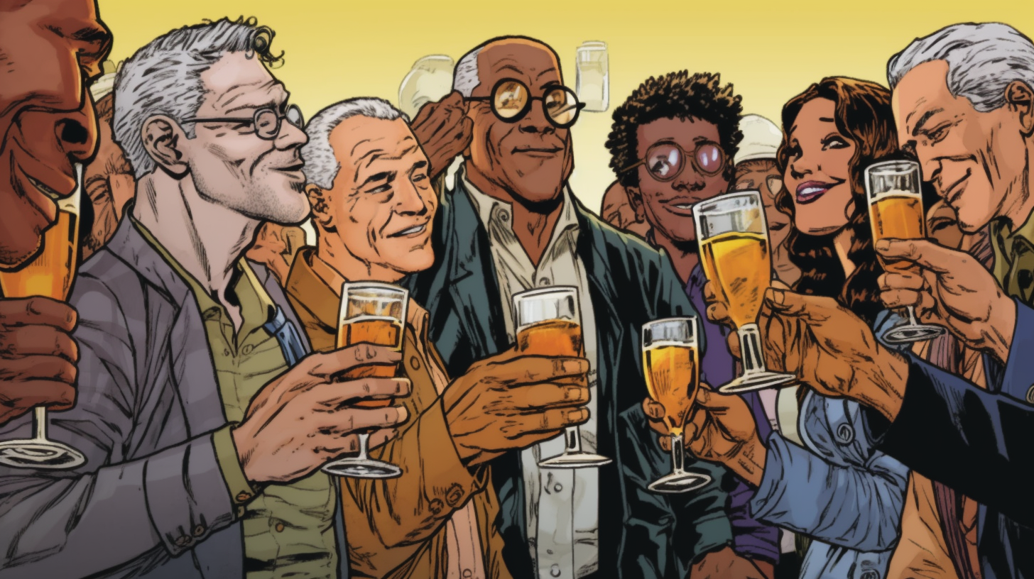 Diverse group toasting at event in comic-style illustration