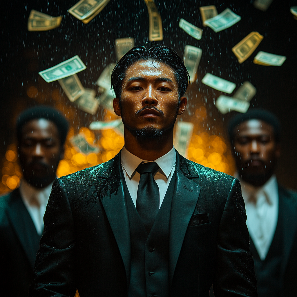 Diverse men in money rain