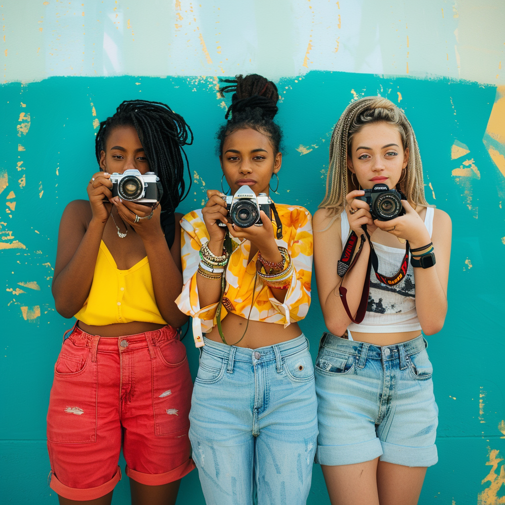 Teenage girls using camera