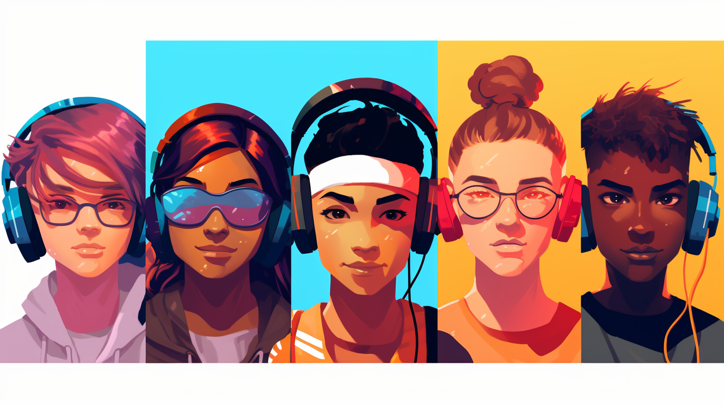 Illustration of diverse teenager gamers faces